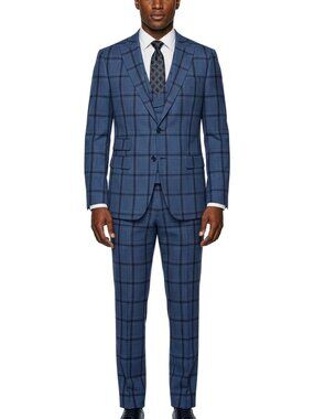 Indigo Plaid Peak Lapel 3 Piece Stacy Adams Men's Suit